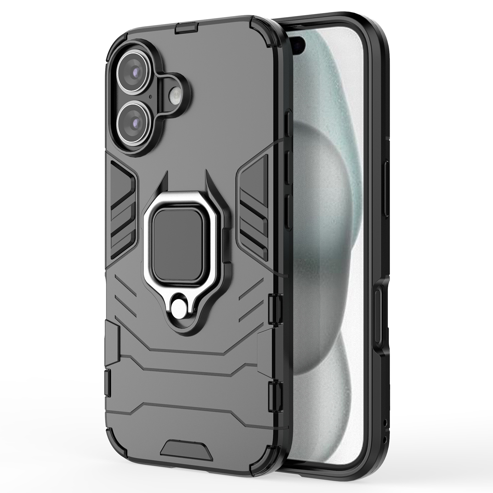 For iPhone 16 Case PC+TPU Ring Holder Kickstand Phone Armor Cover - Black