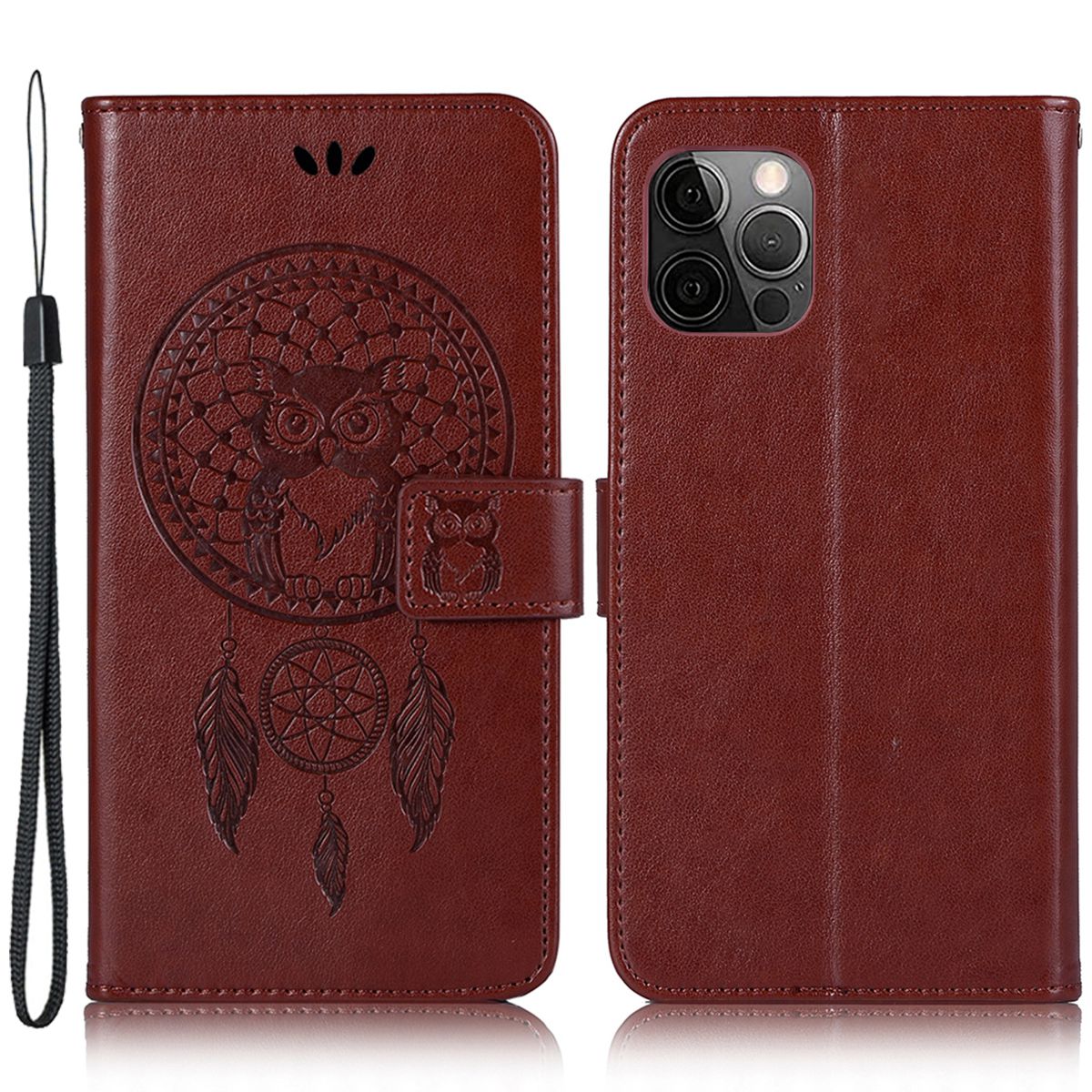 

For iPhone 14 Pro Wrist Strap Wallet Stand Flip Phone Cover Imprinted Owl Dream Catcher Pattern PU Leather Case - Brown, iPhone 14 Pro