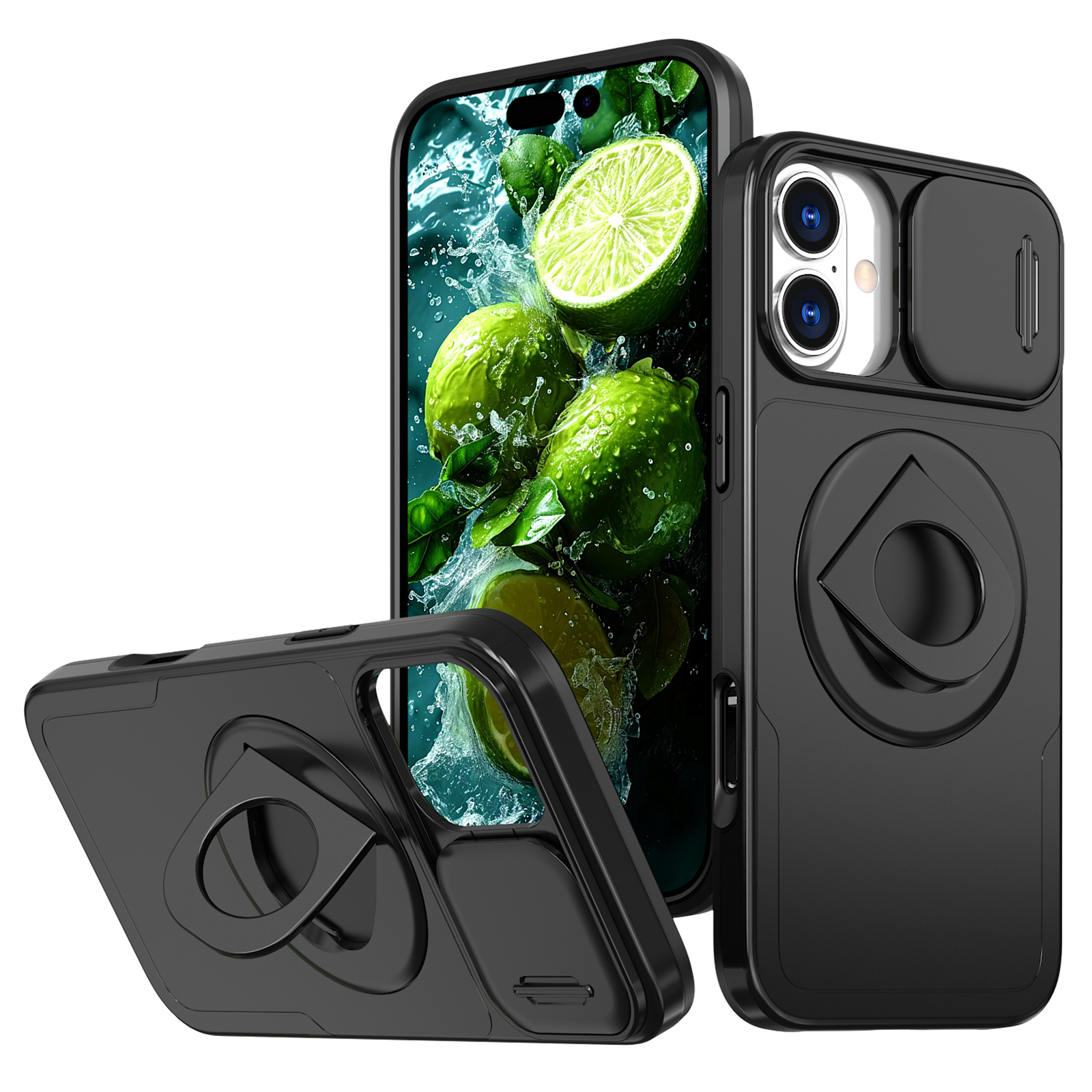 For iPhone 16 Magnetic Case Slide Camshield TPU+PC Kickstand Phone Cover - Black