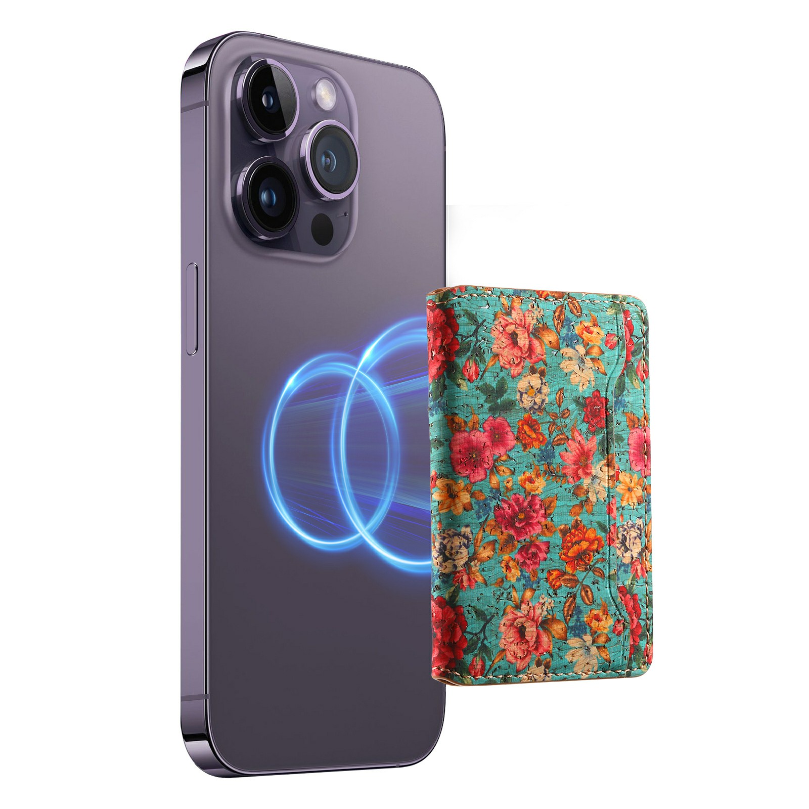V10 PU Leather Magnetic Card Holder Flower Print Phone Card Bag - Blue