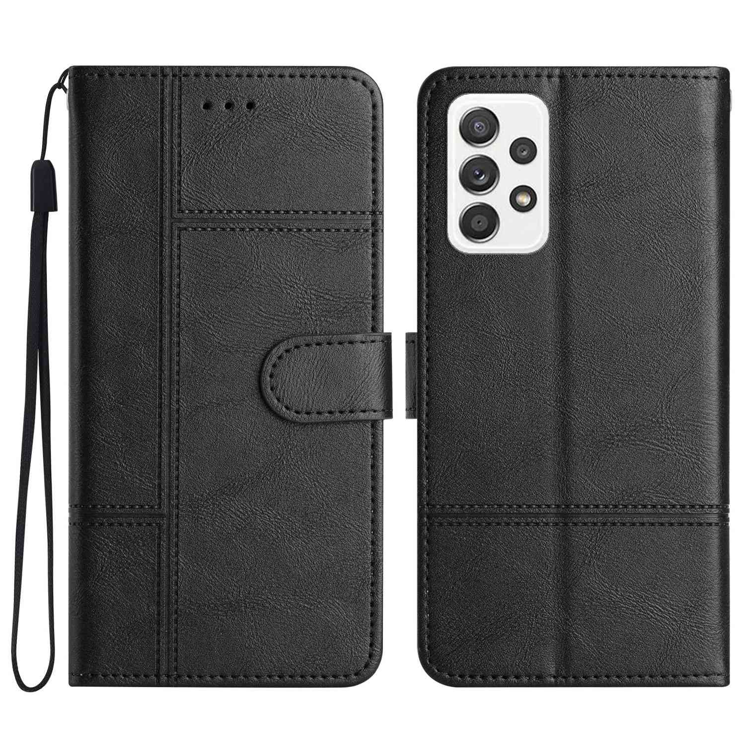 

For Samsung Galaxy A73 5G Sewing Line Decor Phone Shell Cowhide Texture Wallet Business Style PU Leather Stand Phone Case - Black, Samsung Galaxy A73 5G