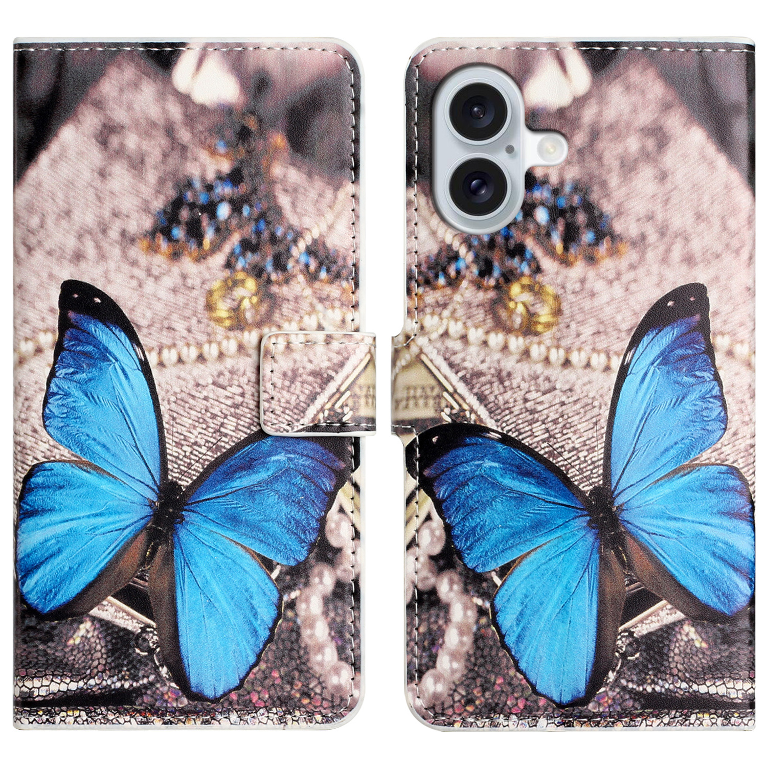 For iPhone 16 Case Pattern Print Leather Phone Cover with Wallet Stand - Blue Butterfly