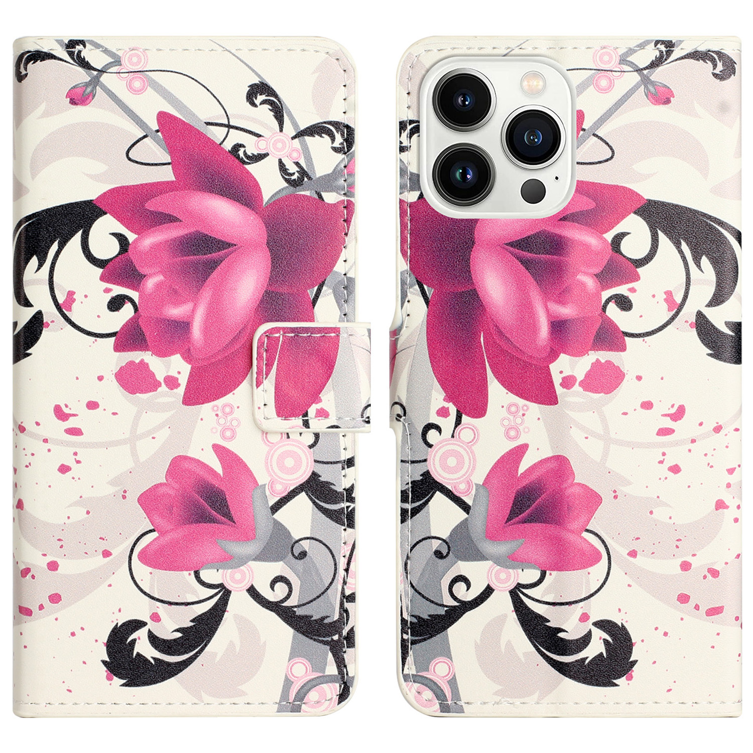 For iPhone 16 Pro Max Case PU Leather Wallet Phone Cover Pattern Print - Lotus
