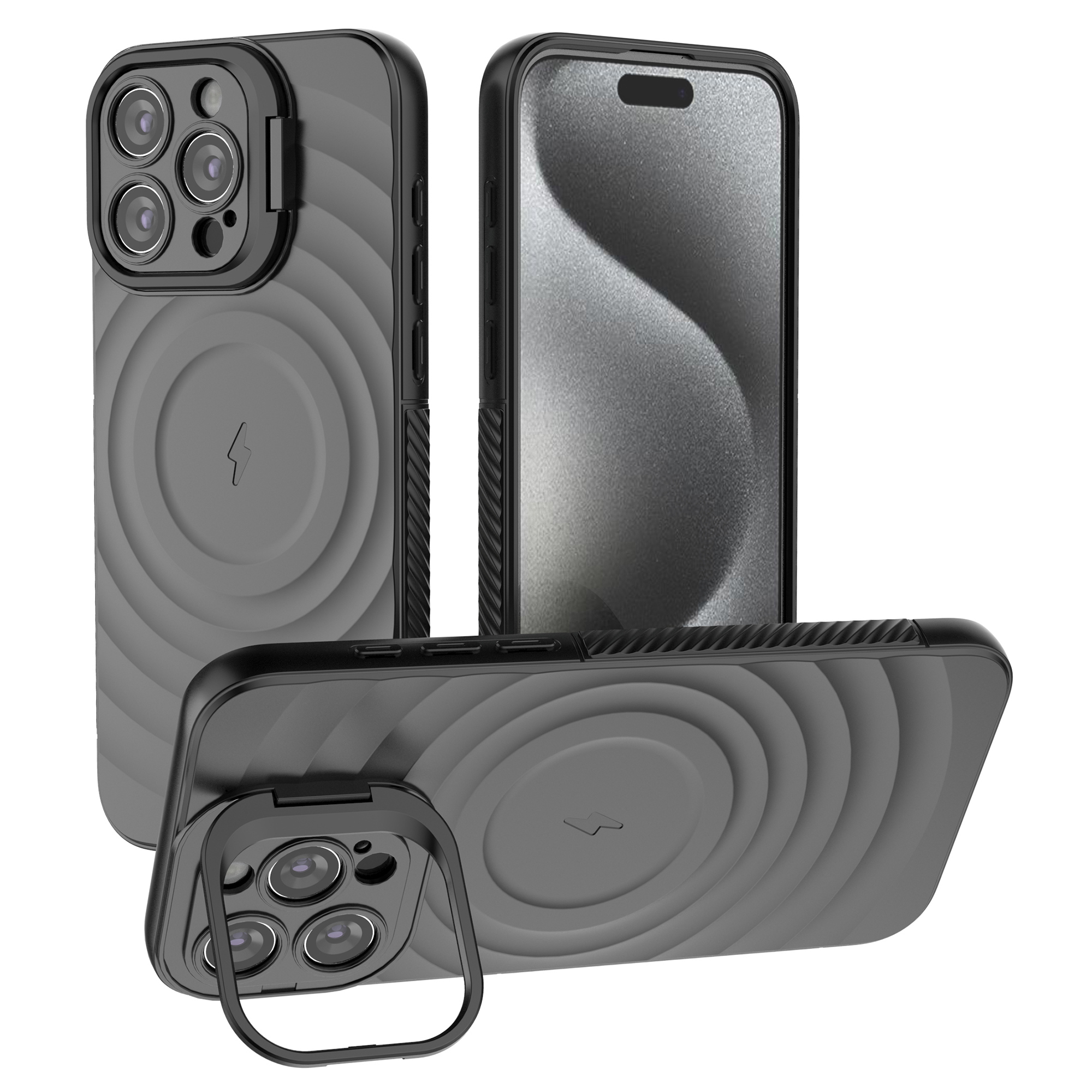For iPhone 16 Pro Max Case PC Kickstand Ripple Texture TPU Phone Cover Compatible with MagSafe - Black