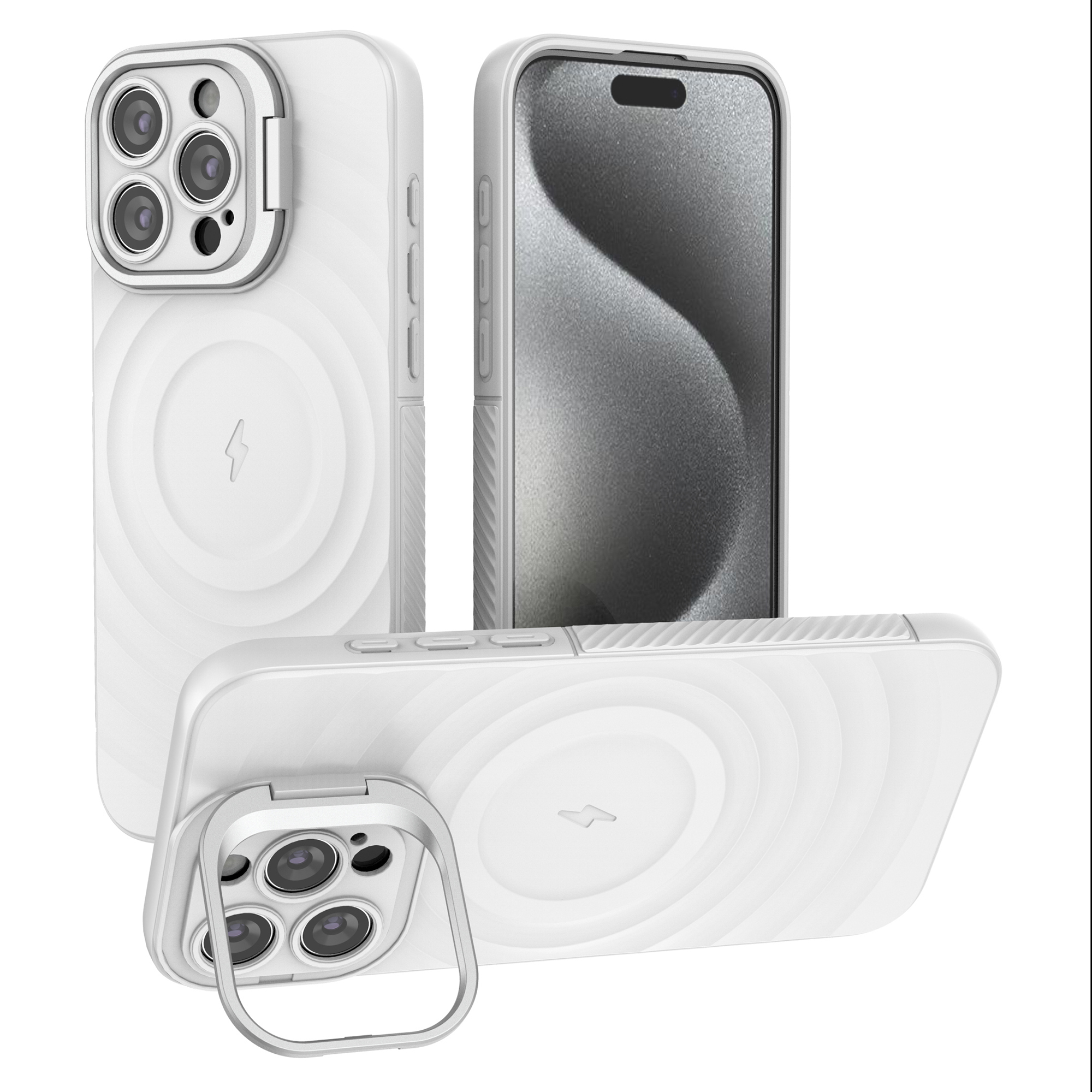 For iPhone 16 Pro Max Case PC Kickstand Ripple Texture TPU Phone Cover Compatible with MagSafe - White