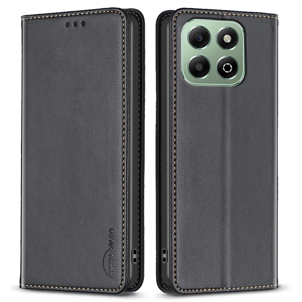 BINFEN COLOR BF18 For Honor X6b 4G Case Card Holder Stand Flip Leather Phone Cover - Black