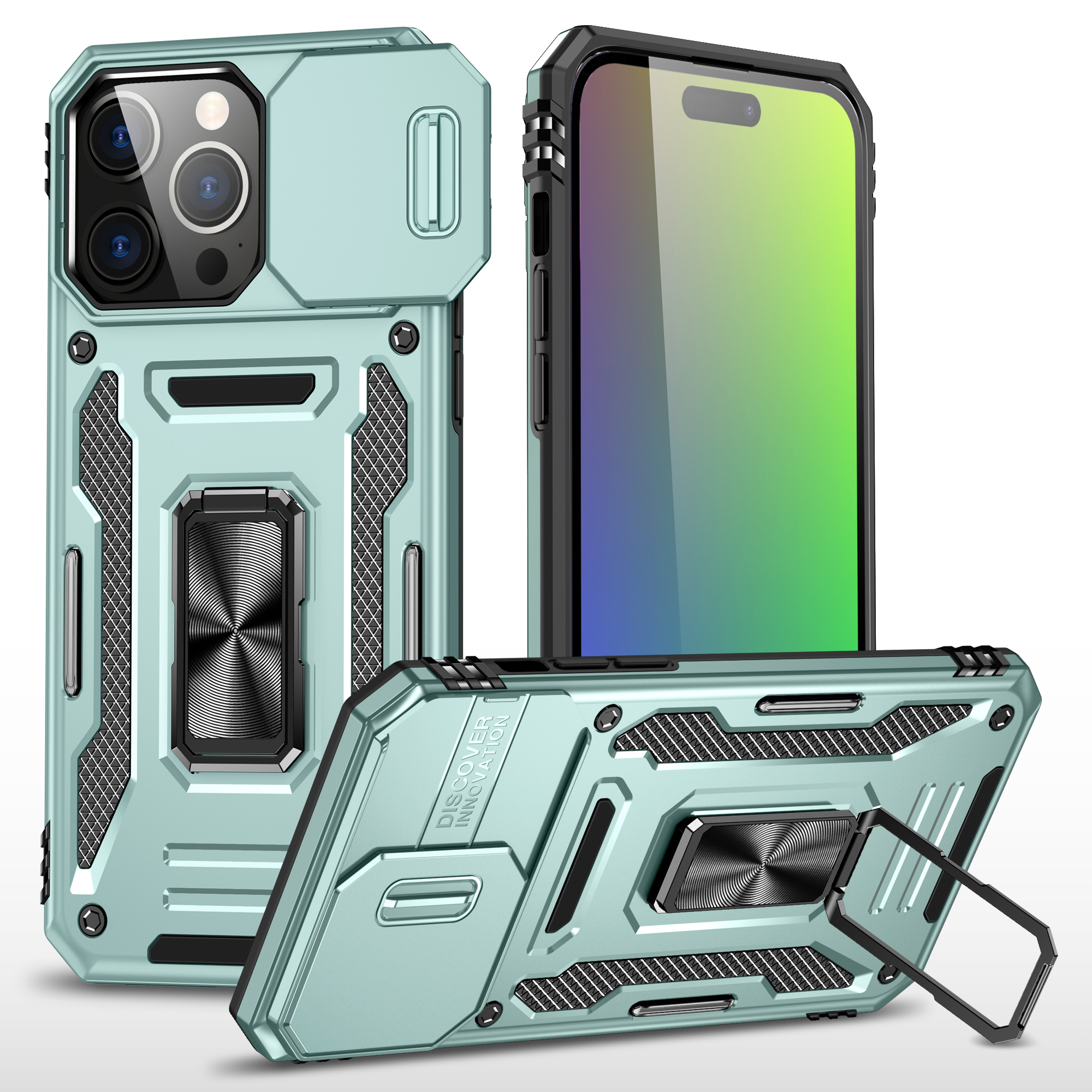 Armor Series For iPhone 16 Pro Max Case PC+TPU Kickstand Phone Cover with Slide Lens Lid - Green