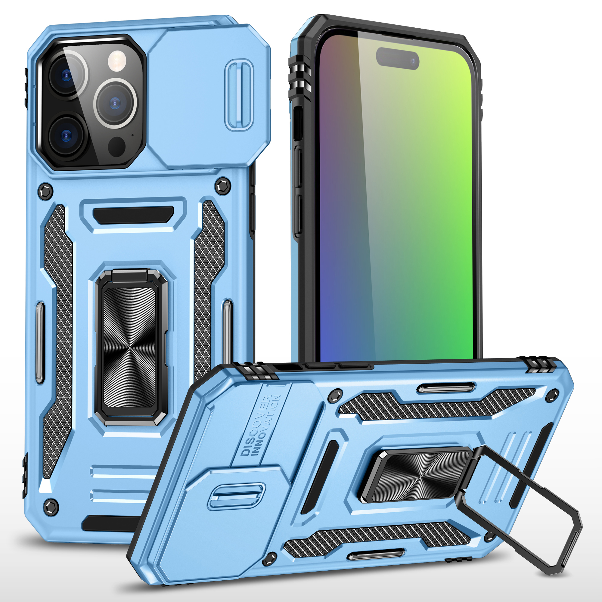 Armor Series For iPhone 16 Pro Case Slide Lens Lid PC+TPU Anti-drop Kickstand Phone Cover - Baby Blue