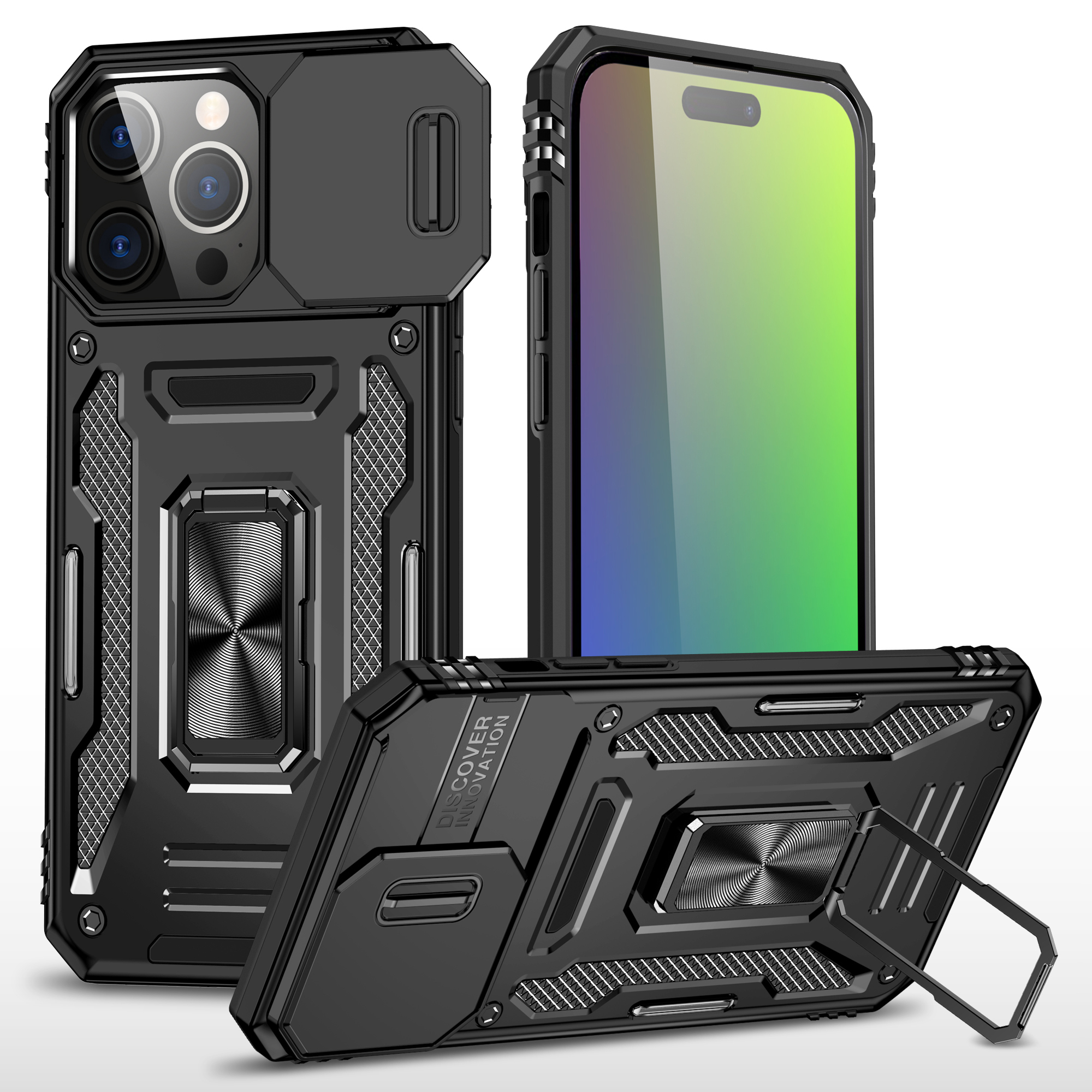 Armor Series For iPhone 16 Pro Case Slide Lens Lid PC+TPU Anti-drop Kickstand Phone Cover - Black