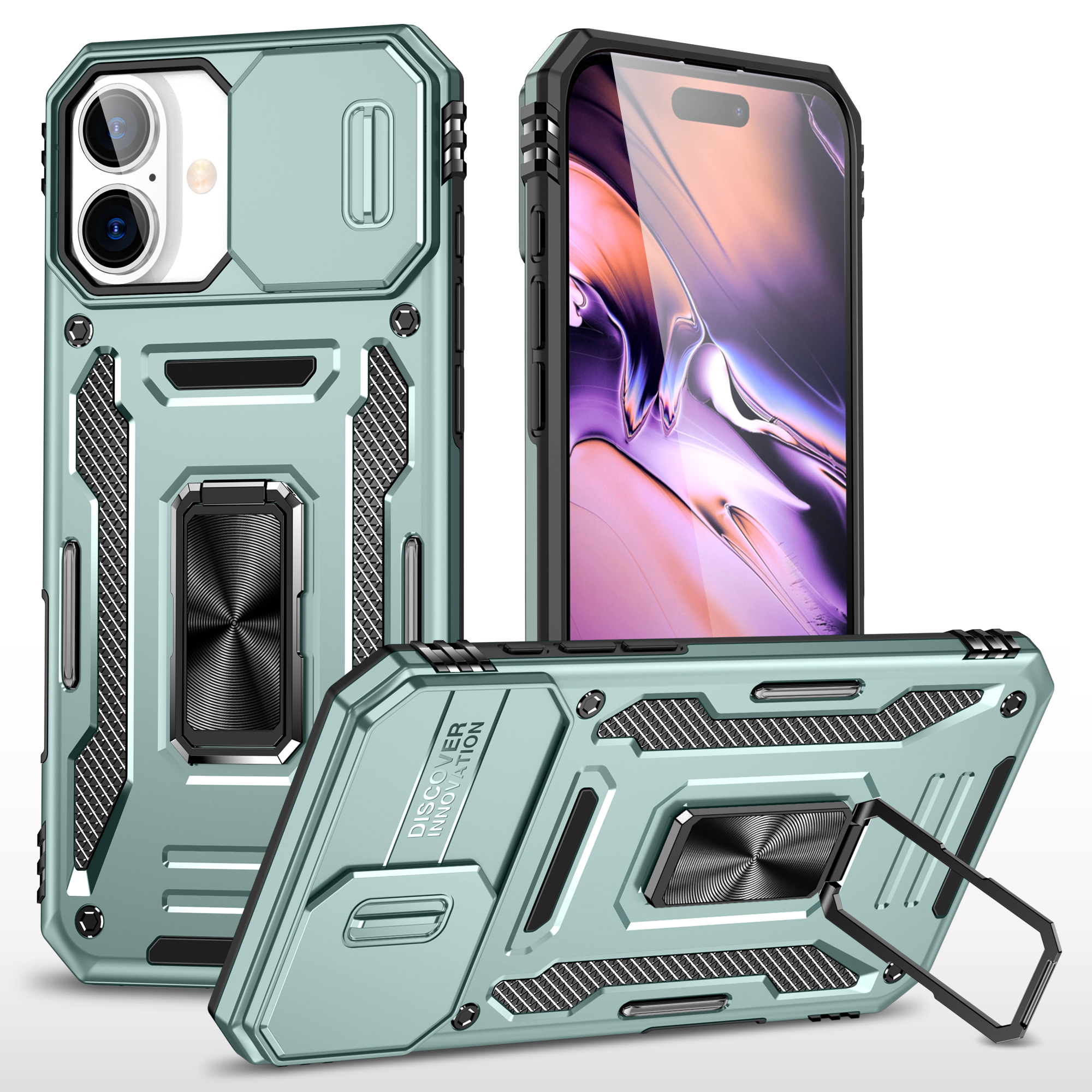 Armor Series For iPhone 16 Plus Case Adjustable Kickstand PC+TPU Phone Cover with Slide Lens Guard - Green