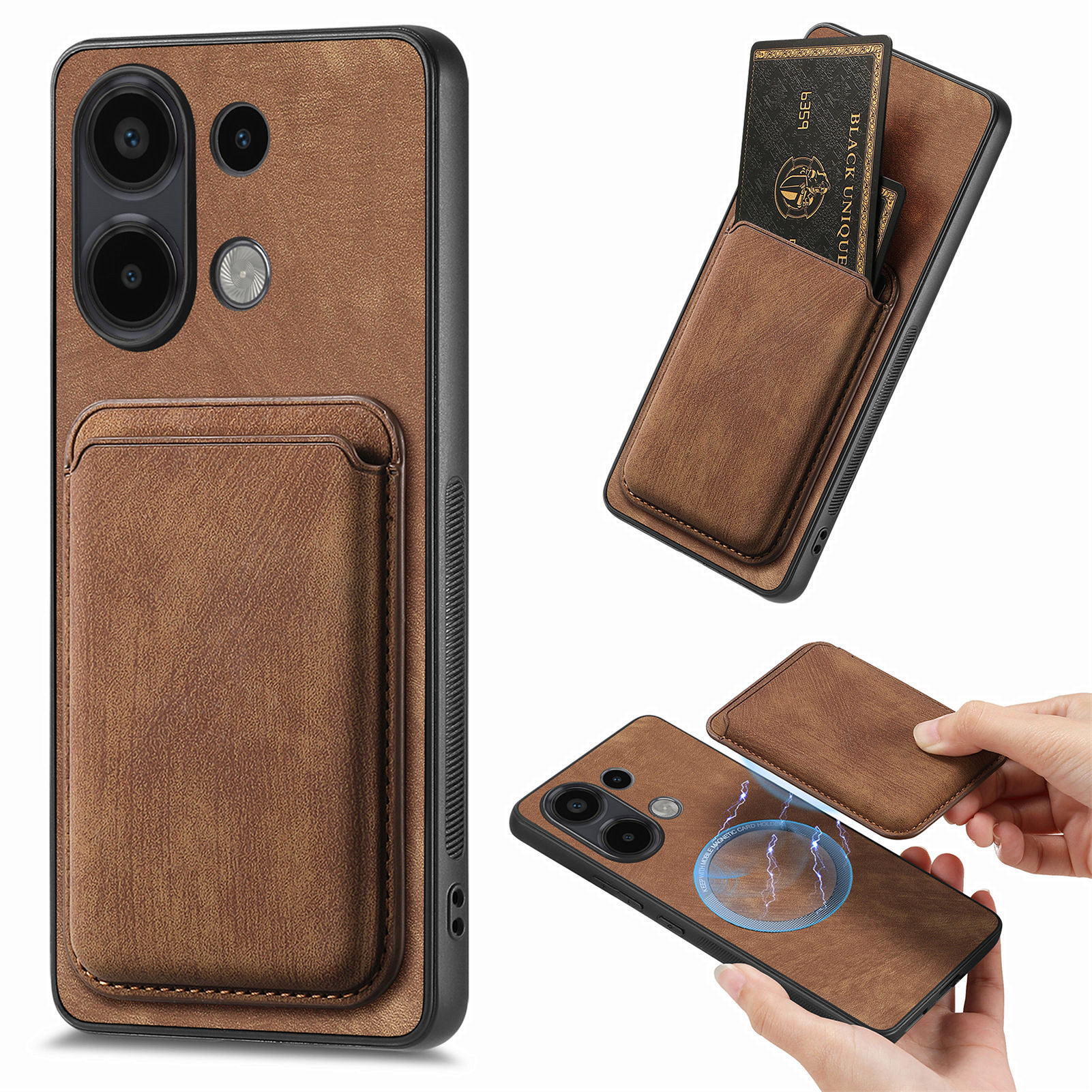 For Xiaomi Redmi Note 13 4G Magnetic Case Leather Back Cover with Detachable Card Holder - Brown