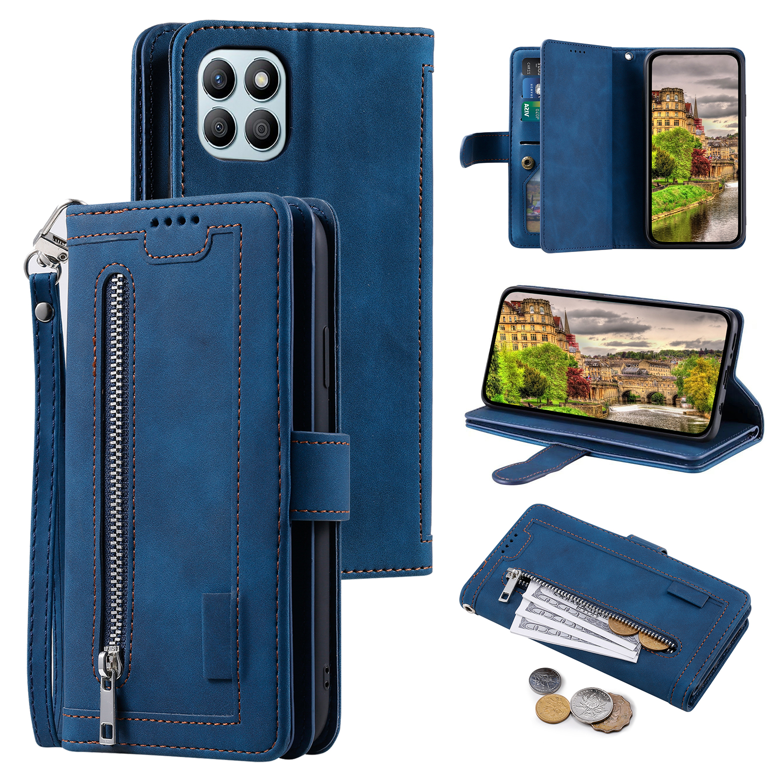 For Honor X6b 4G Case PU Leather Phone Cover with Zipper Wallet 9 Card Slots - Blue