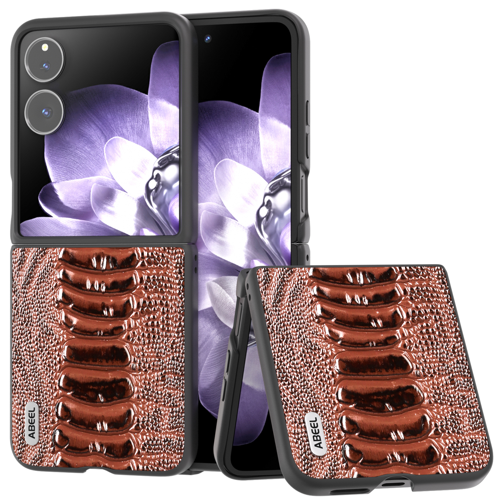 ABEEL For Xiaomi Mix Flip 5G Case Genuine Cow Leather Coated PC Phone Cover Crocodile Texture - Coffee