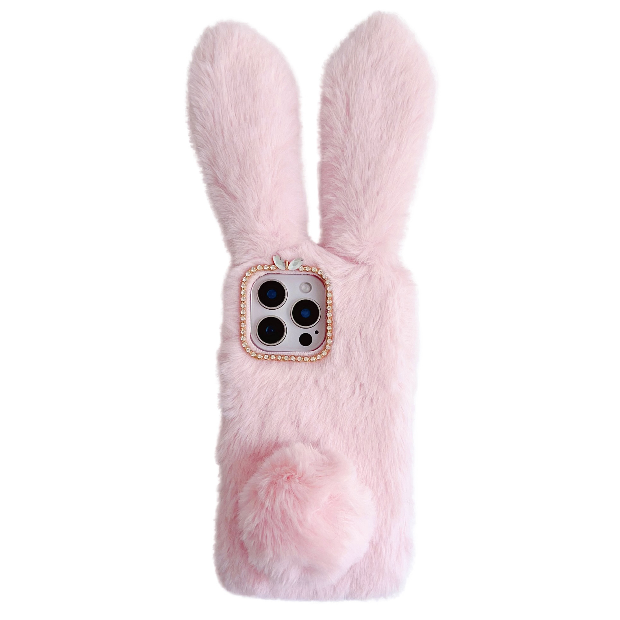 For iPhone 16 Pro Case Bunny Ears Furry Soft TPU Protective Phone Cover - Pink