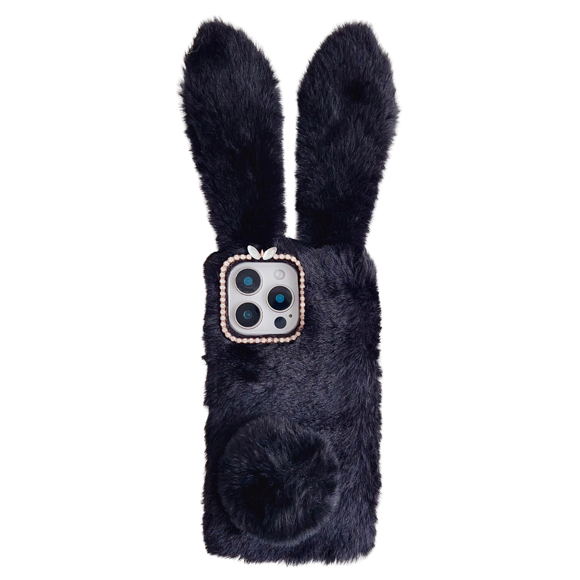 For iPhone 16 Pro Case Bunny Ears Furry Soft TPU Protective Phone Cover - Black