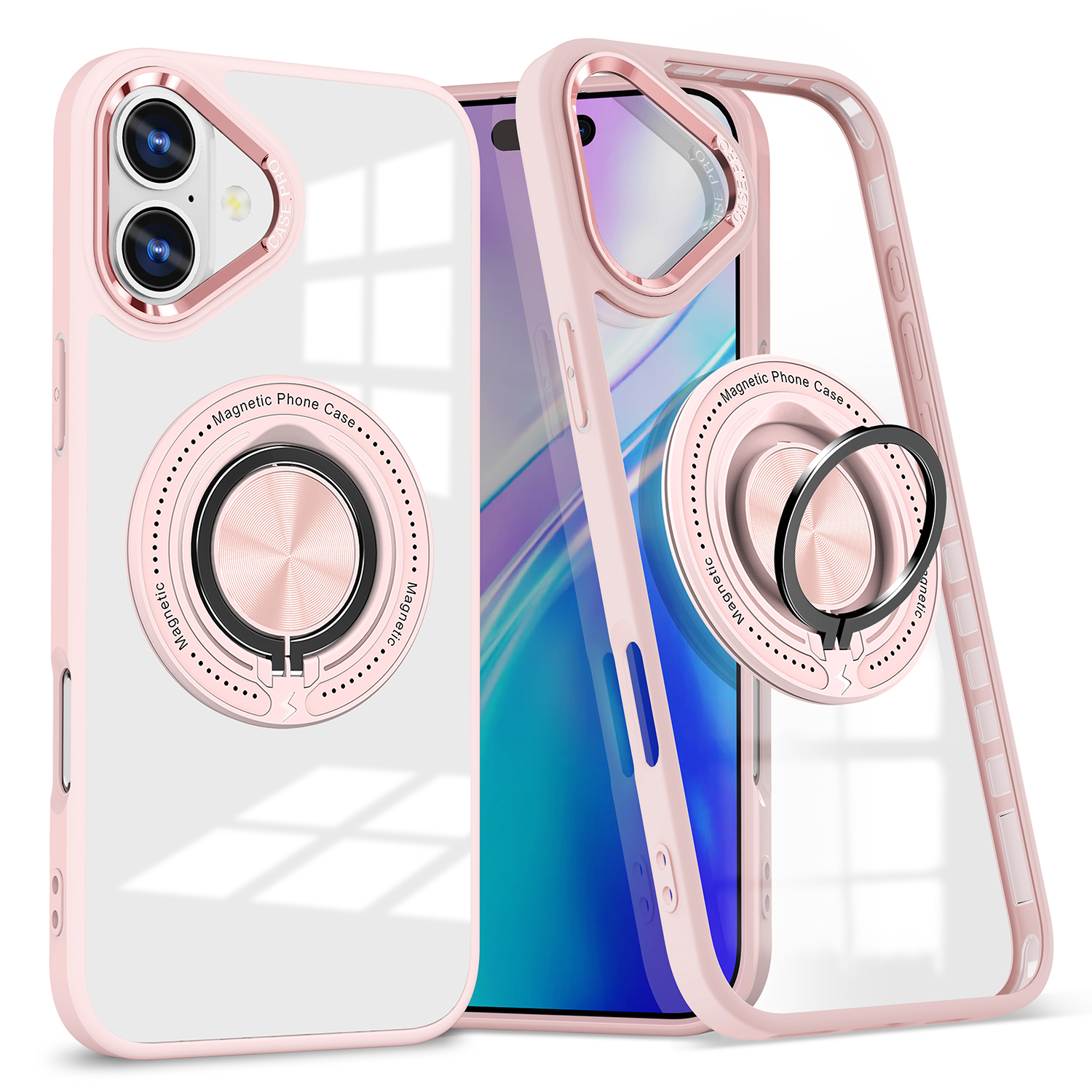 For iPhone 16 Case Magnetic Ring Holder Kickstand PC+TPU Phone Cover - Pink
