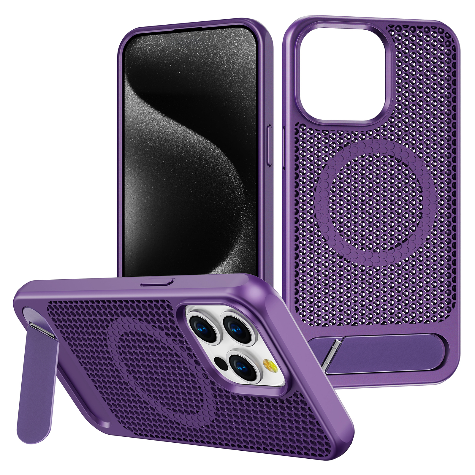 For iPhone 15 Pro Max Case Hollow Heat Dissipation Back Cover Kickstand Compatible with MagSafe - Dark Purple