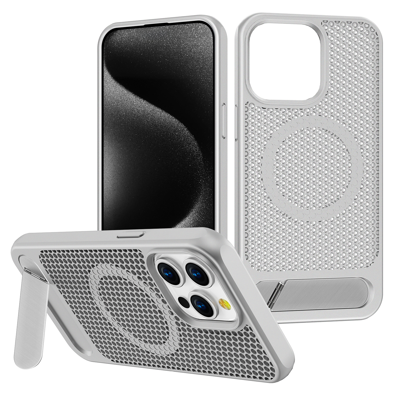 For iPhone 15 Pro Max Case Hollow Heat Dissipation Back Cover Kickstand Compatible with MagSafe - Silver