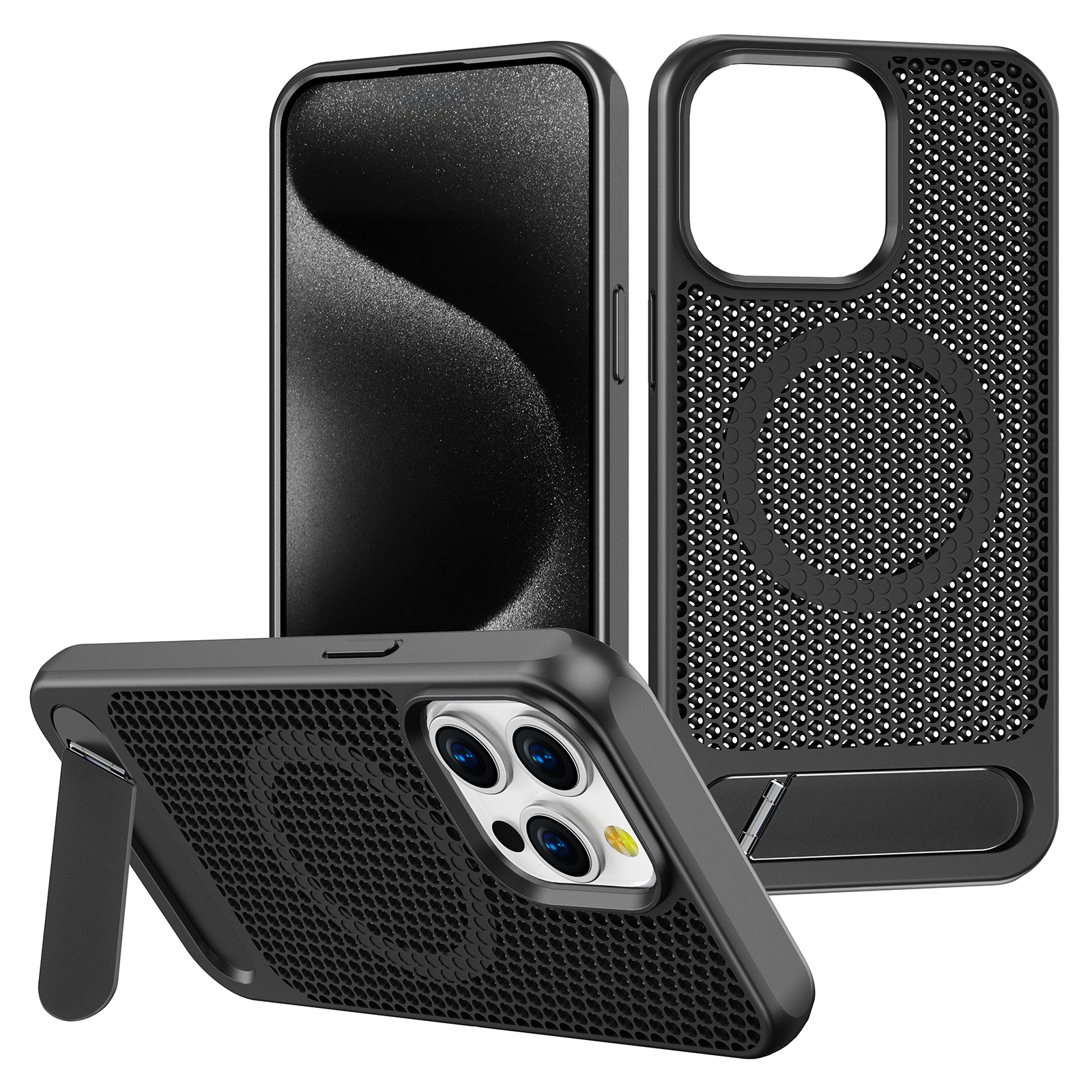 For iPhone 15 Pro Max Case Hollow Heat Dissipation Back Cover Kickstand Compatible with MagSafe - Black