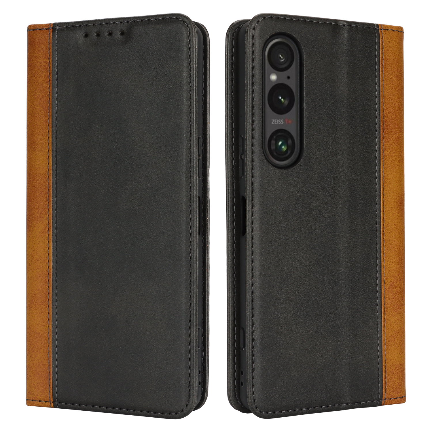 For Sony Xperia 1 VI Case Calf Texture 3 Card Slots Color Splicing Leather Phone Cover - Black+Yellow