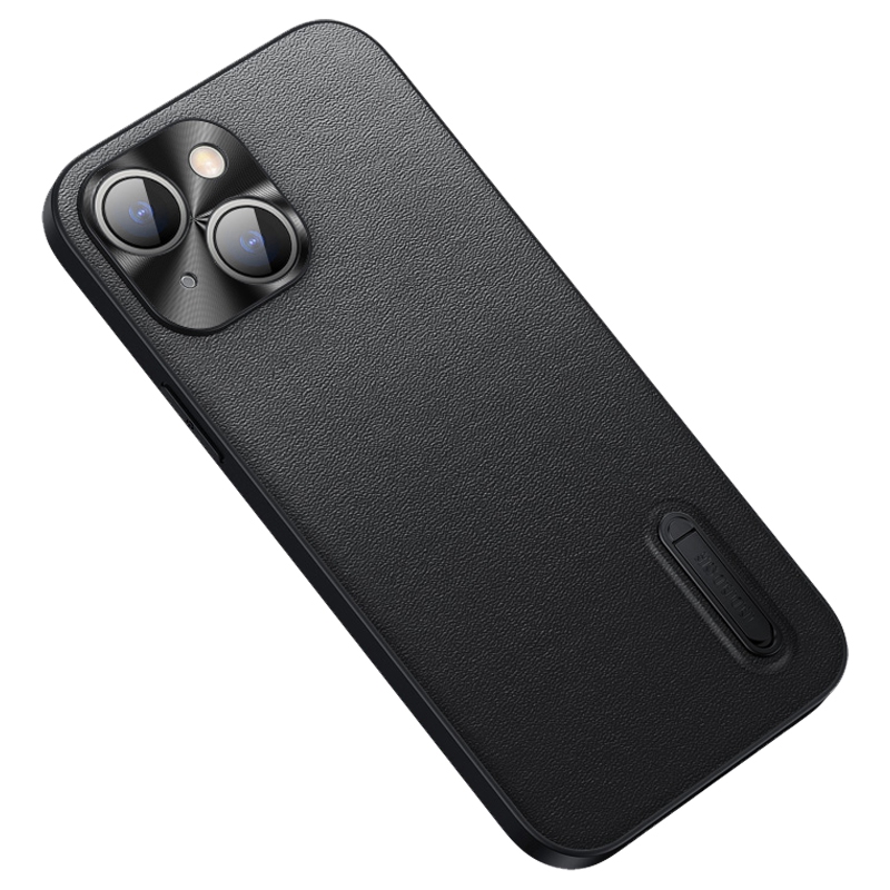

For iPhone 14 Plus Anti-fingerprint PU Leather Coated TPU Phone Case Hidden Kickstand Back Protective Cover - Black, iPhone 14 Plus