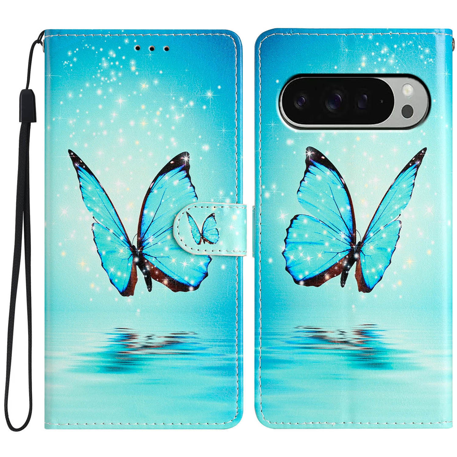 For Google Pixel 9 / 9 Pro Wallet Case PU Leather Pattern Printing Stand Phone Cover with Strap - Blue Butterfly