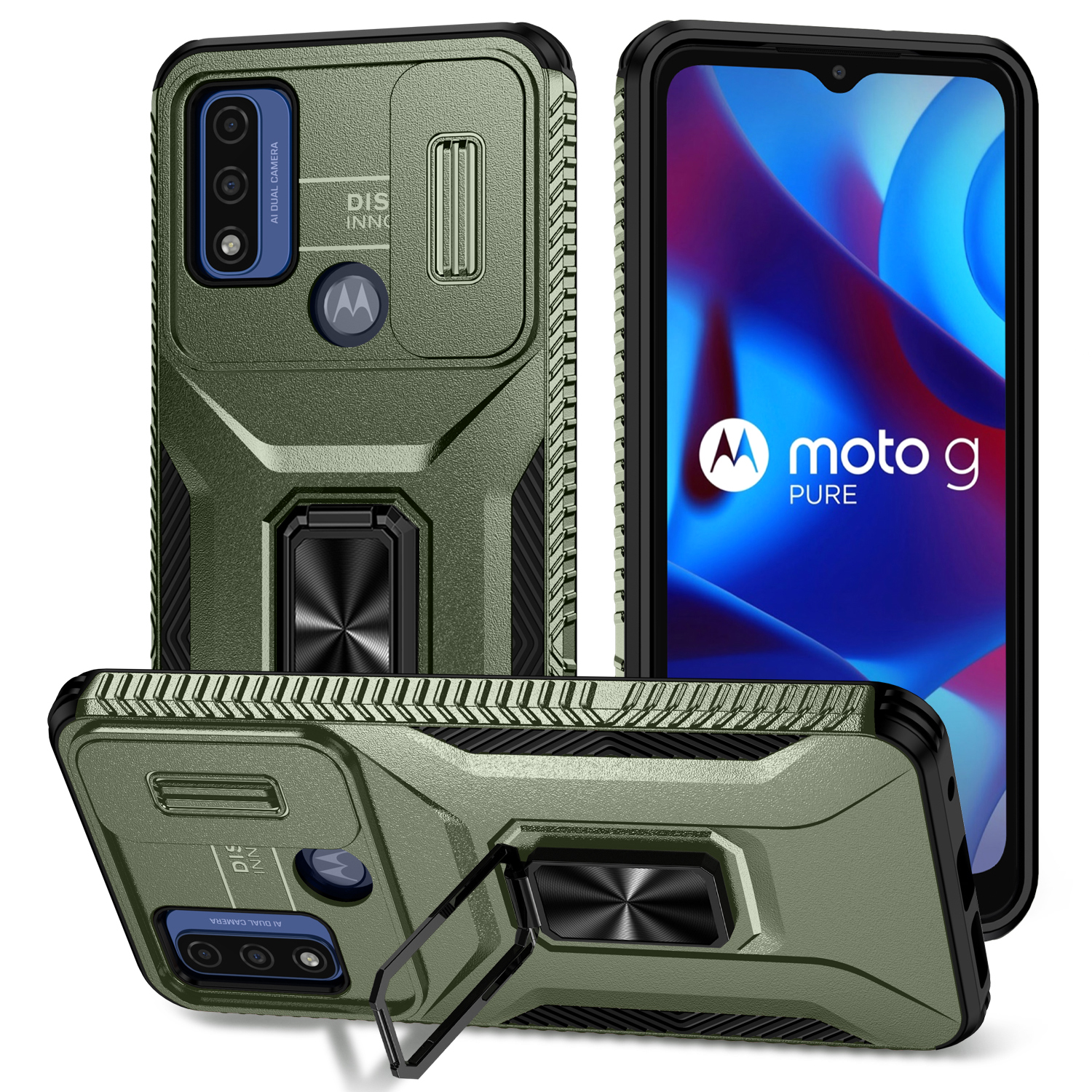For Motorola Moto G Play (2023) 4G / Moto G Power (2022) / G Pure Case Camshield Kickstand TPU+PC Phone Cover - Green