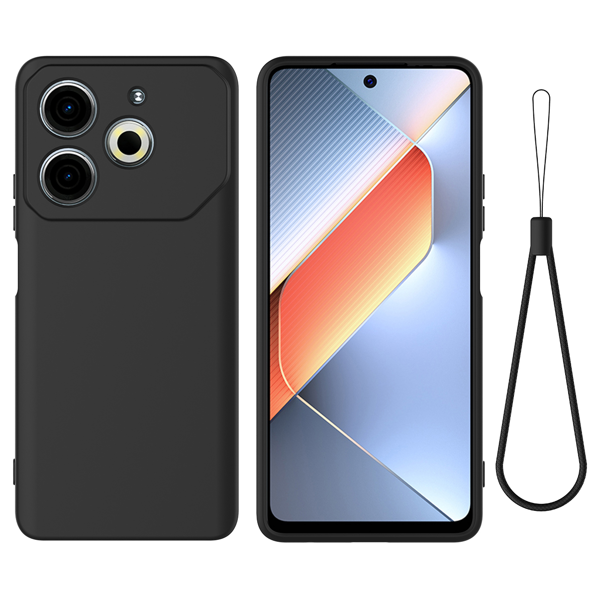 For TECNO Pova 6 Neo Case Anti-Drop Liquid Silicone Phone Cover with Strap - Black
