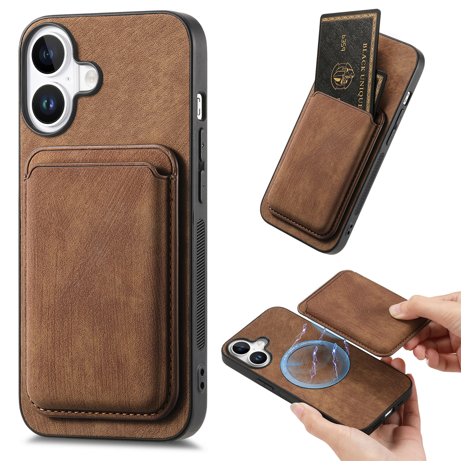 For iPhone 16 Case Compatible with MagSafe Leather Back Cover with Detachable Card Holder - Brown