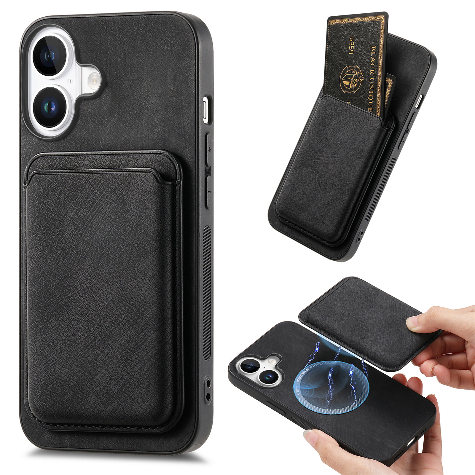 For iPhone 16 Case Compatible with MagSafe Leather Back Cover with Detachable Card Holder - Black