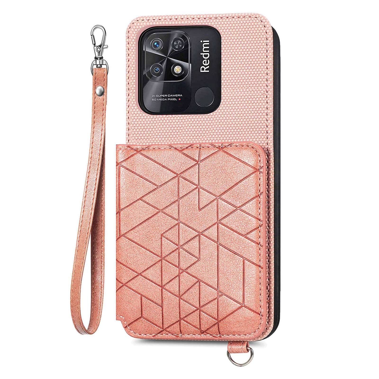 

Brieftasche Kickstand-telefonabdeckung Für Xiaomi Redmi 10c 4G, Geometrie Geprägtes Pu-leder + TPU Anti-drop-hülle Mit Handgurt - Roségold, Xiaomi Redmi 10C 4G