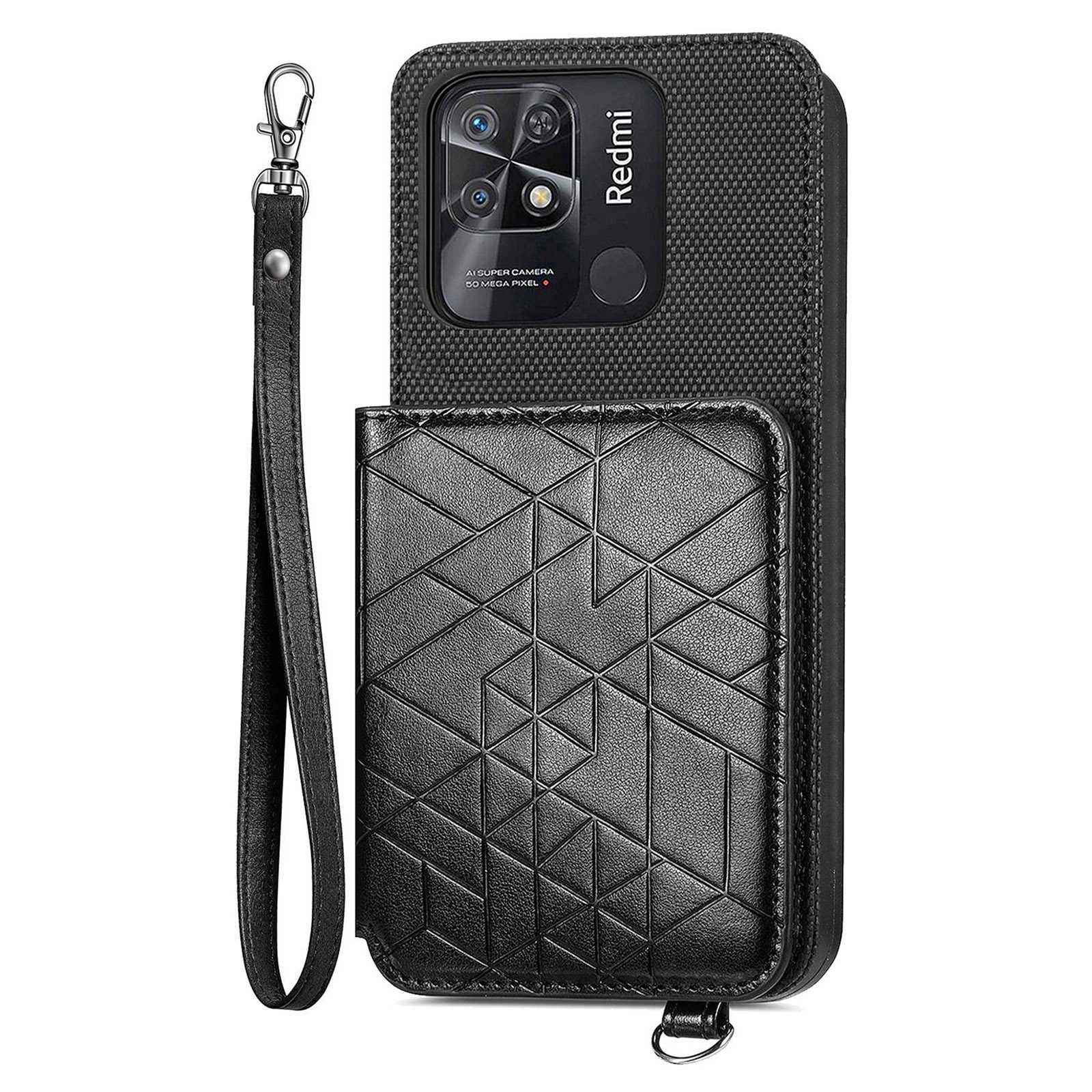 

Brieftasche Kickstand-telefonabdeckung Für Xiaomi Redmi 10c 4G, Geometrie Geprägtes Pu-leder + TPU Anti-drop-hülle Mit Handgurt - Schwarz, Xiaomi Redmi 10C 4G