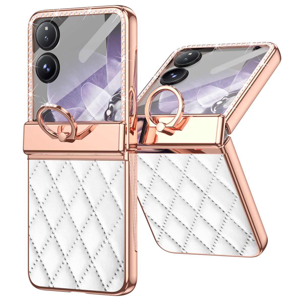For Xiaomi Mix Flip 5G Case Ring Holder Rhinestone Leather+PC Rhombus Phone Cover - White