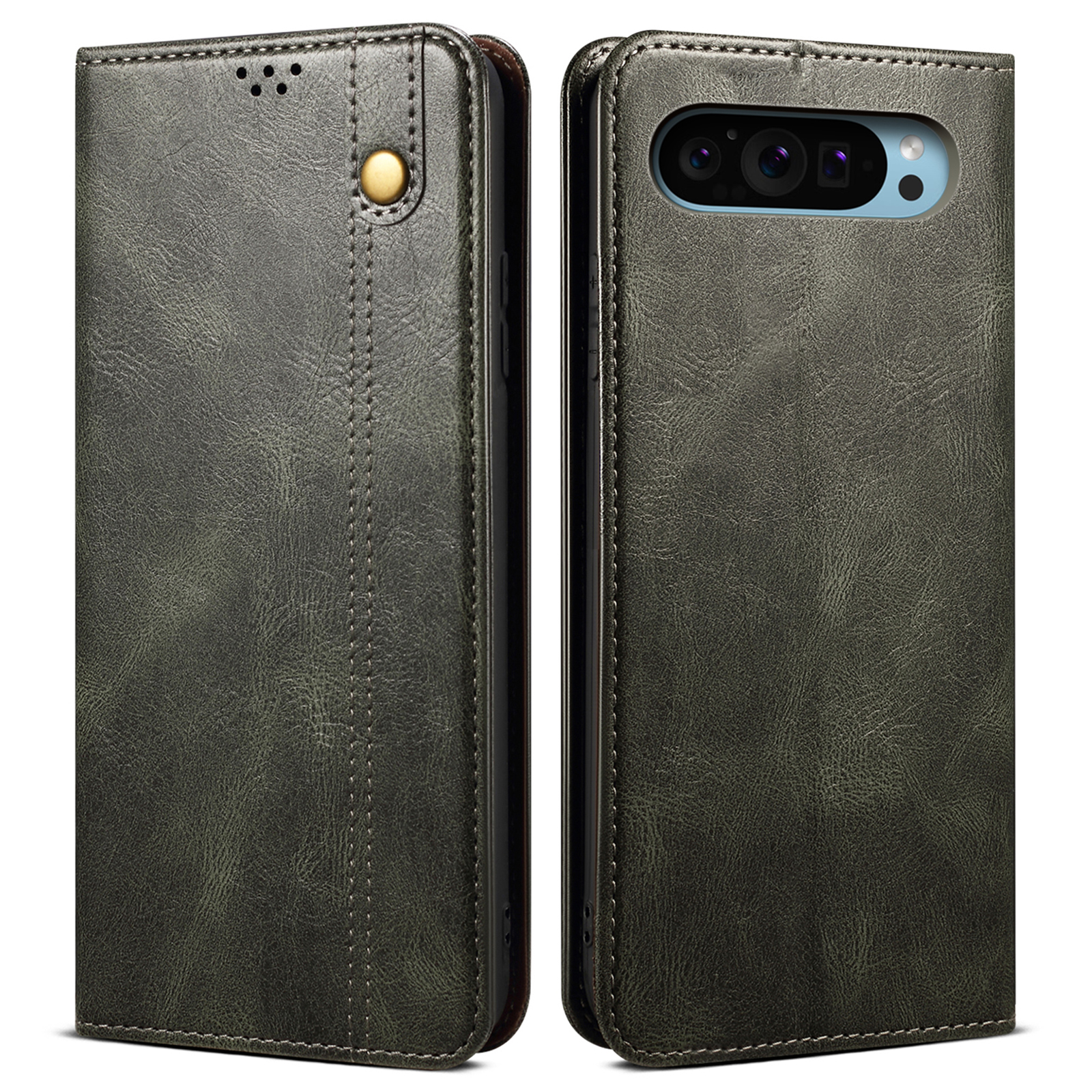 For Google Pixel 9 / Pixel 9 Pro Case Crazy Horse Texture Waxy Leather Wallet Stand Cover - Green