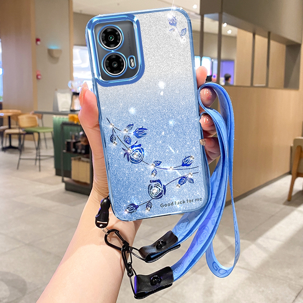 KADEM For Motorola Moto G85 5G / S50 Neo 5G Case Flower Pattern TPU Gradient Phone Cover with Lanyards - Blue