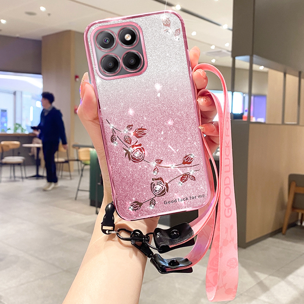 KADEM For Honor X6b 4G Case Flower Pattern TPU Gradient Phone Cover with Lanyards - Rose Gold