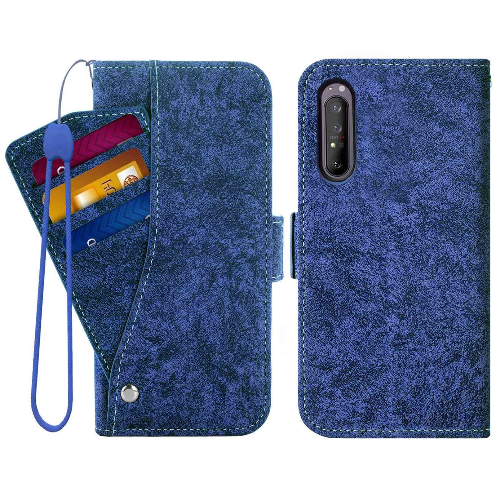 

Für Sony Xperia 5 II Wasserverbindliche Gemälde Textur PU Leder Brieftasche Hülle Rotierende Kartenschlitz - Blau, Xperia 5 II