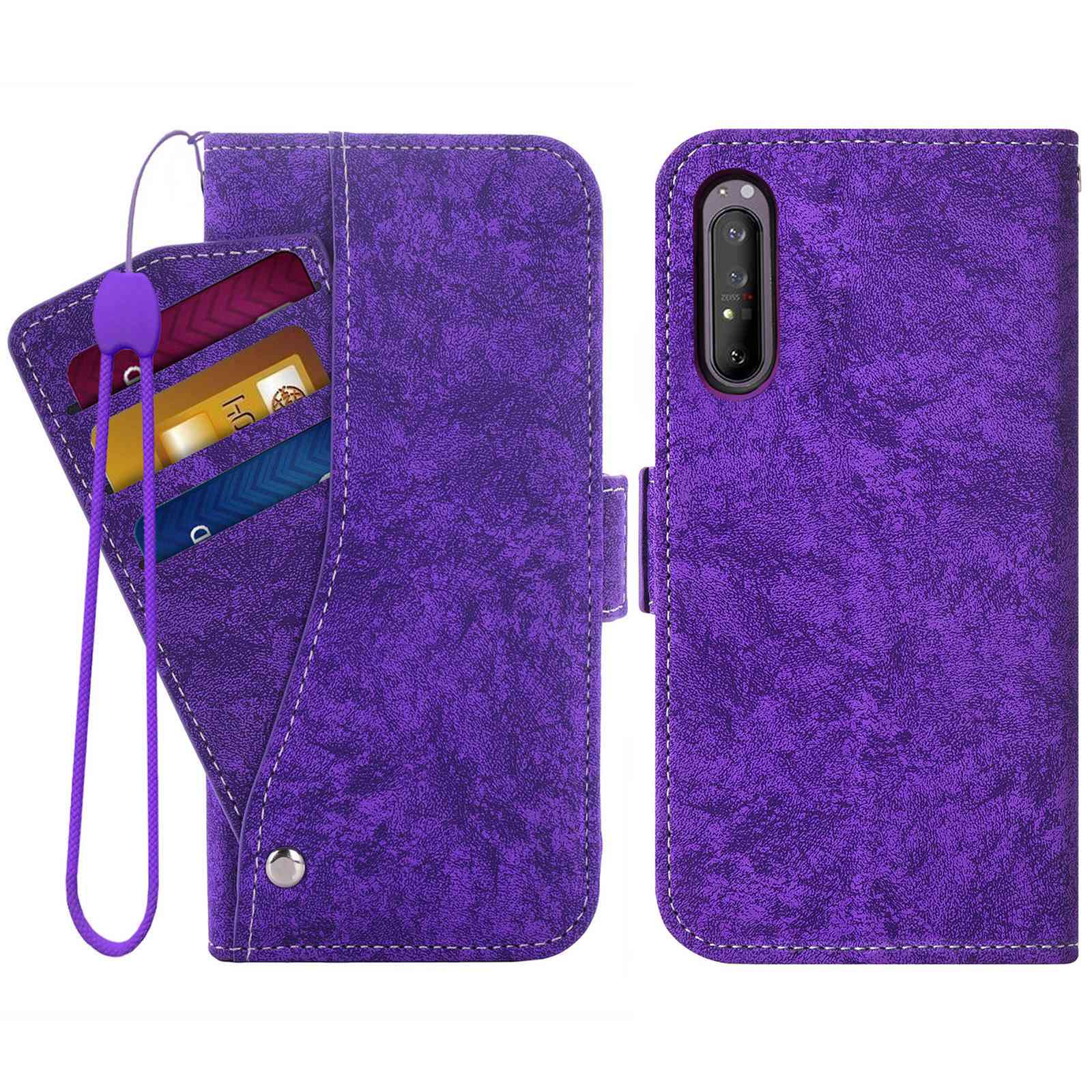 

Für Sony Xperia 5 II Wasserverbindliche Gemälde Textur PU Leder Brieftasche Hülle Rotierende Kartenschlitz - Violett, Xperia 5 II