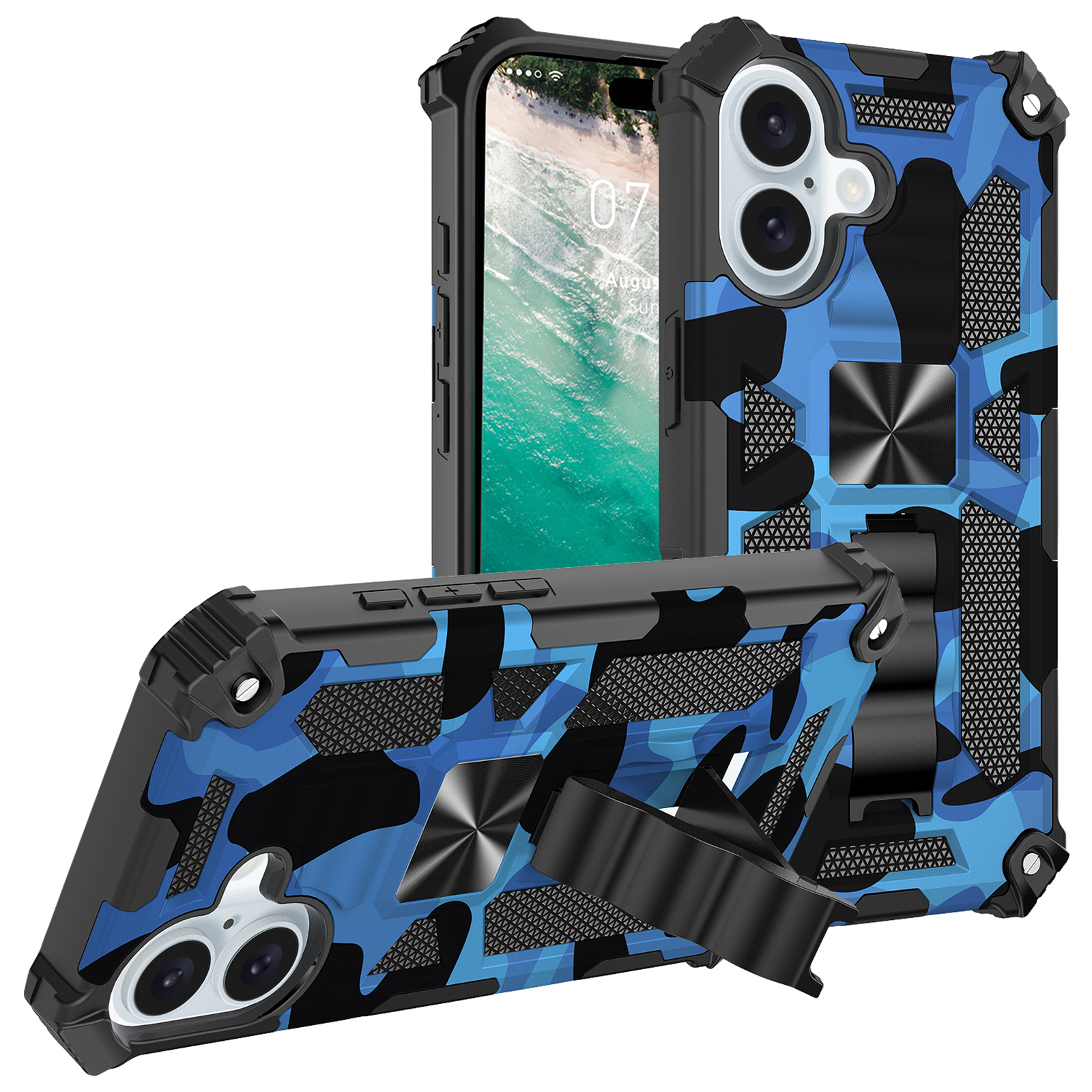 For iPhone 16 Plus Case Kickstand PC+TPU Camouflage Military Grade Phone Cover - Blue