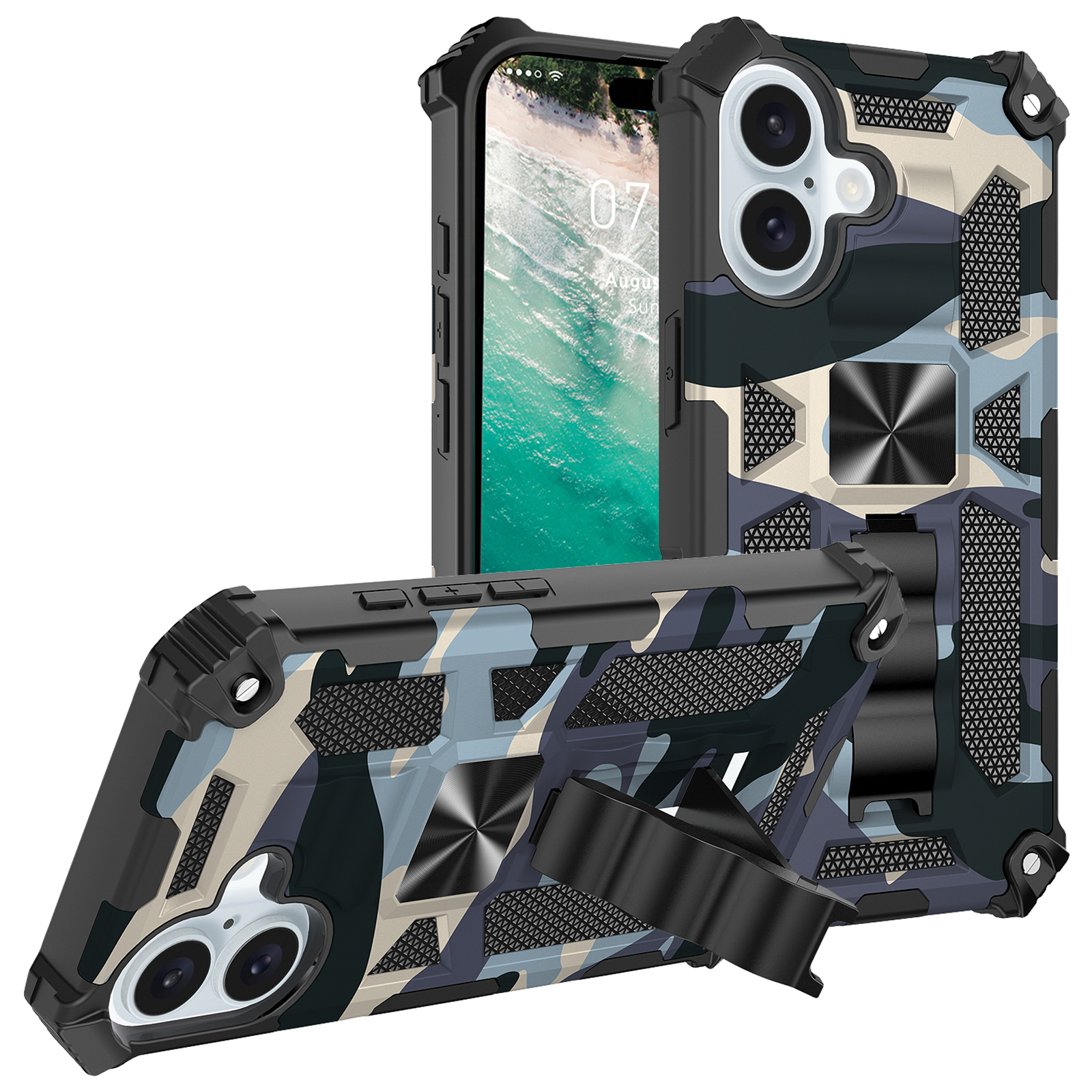 For iPhone 16 Plus Case Kickstand PC+TPU Camouflage Military Grade Phone Cover - Navy Blue