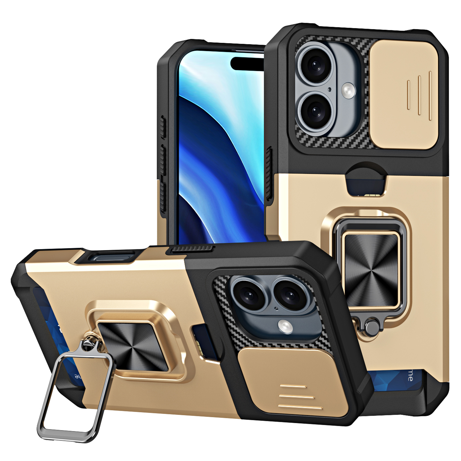 For iPhone 16 Plus Kickstand Case Slide Lens Lid PC+TPU Phone Cover with Card Slot - Gold