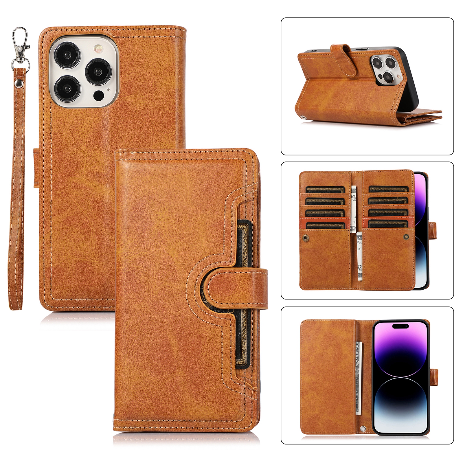 For iPhone 16 Pro Case Split Leather Magnetic Wallet Phone Protector with Wrist Strap - Brown