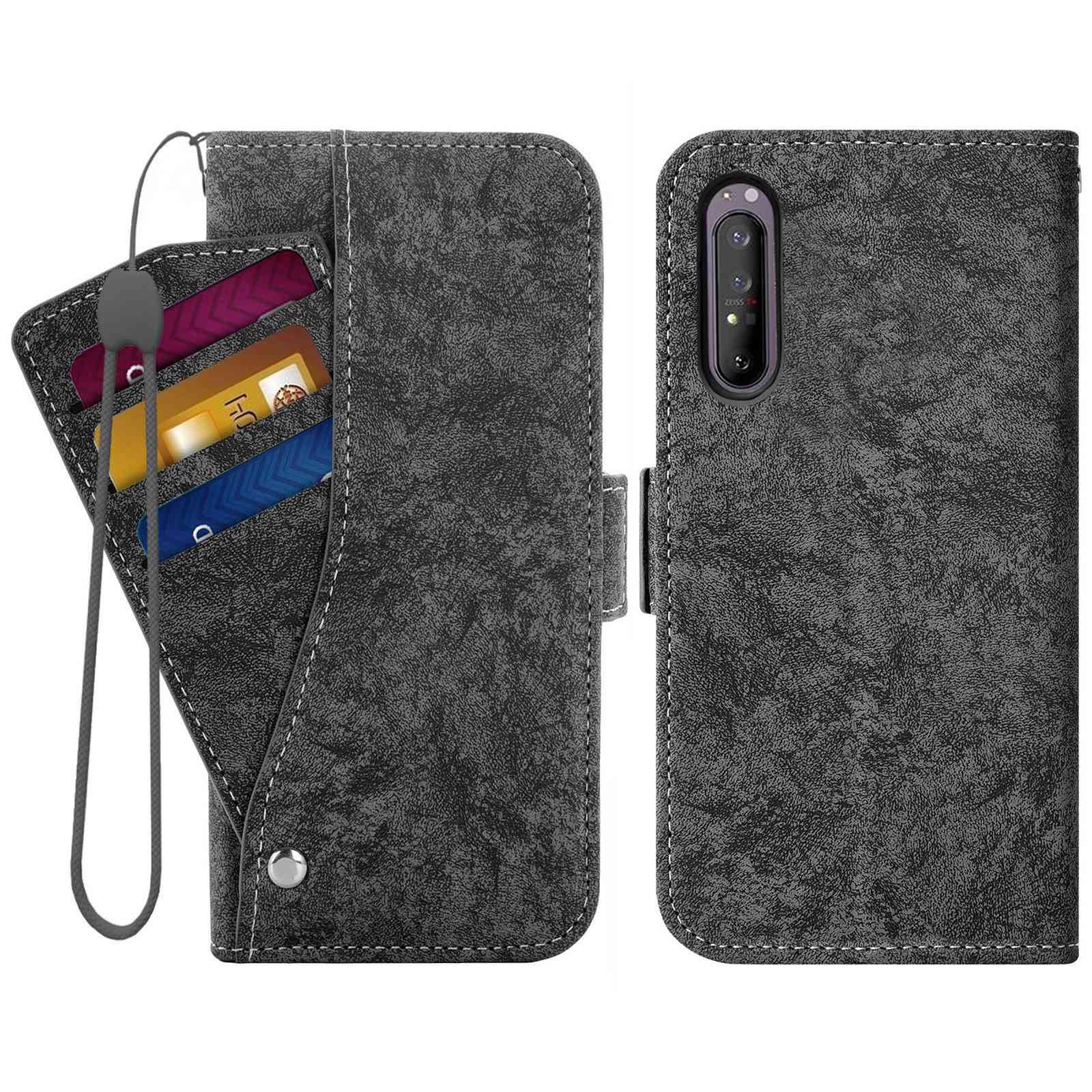 

Für Sony Xperia 5 III 5G Wasserverbindungsmalerei Textur Flip Wallet Hülle Pu-lederständer Magnetische Verschlechterung Rotierende Kartensteckplätze - Schwarz, Xperia 5 III 5G