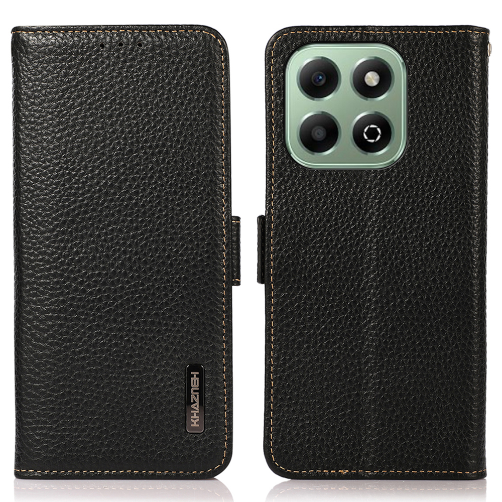 KHAZNEH For Honor X6b 4G Phone Case Genuine Cow Leather Cover RFID Blocking - Black