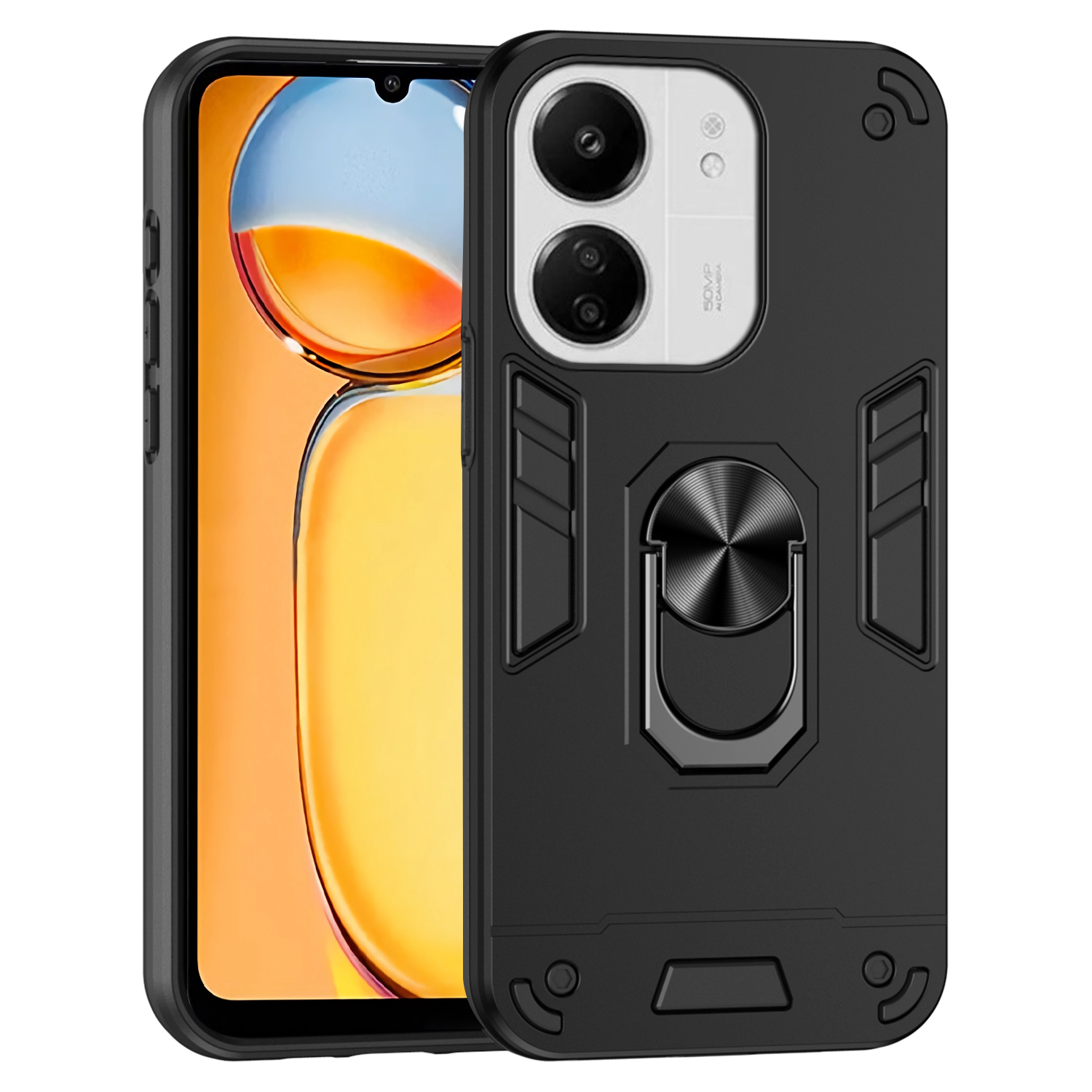 For Xiaomi Redmi 13C 5G / 13C 4G / 13R 5G / Poco C65 4G / Poco M6 5G Case PC+TPU Drop Defend Phone Cover with Ring Kickstand - Black