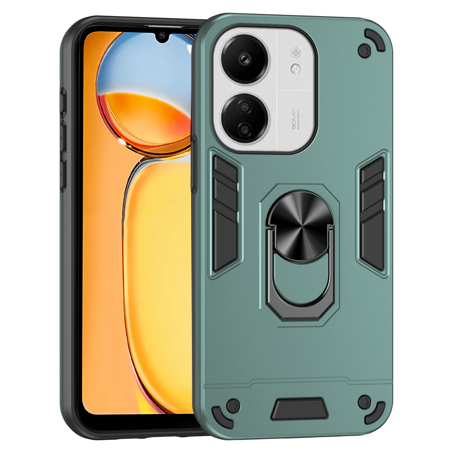 For Xiaomi Redmi 13C 5G / 13C 4G / 13R 5G / Poco C65 4G / Poco M6 5G Case PC+TPU Drop Defend Phone Cover with Ring Kickstand - Green