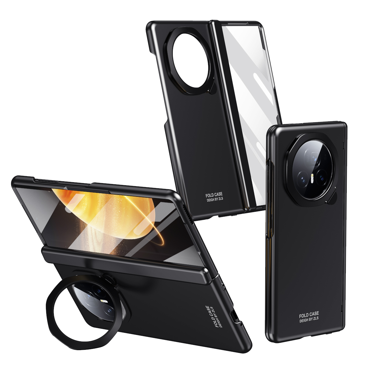 For Honor Magic V3 5G Case Lens Frame Kickstand PC Phone Cover with Tempered Glass Film - Black