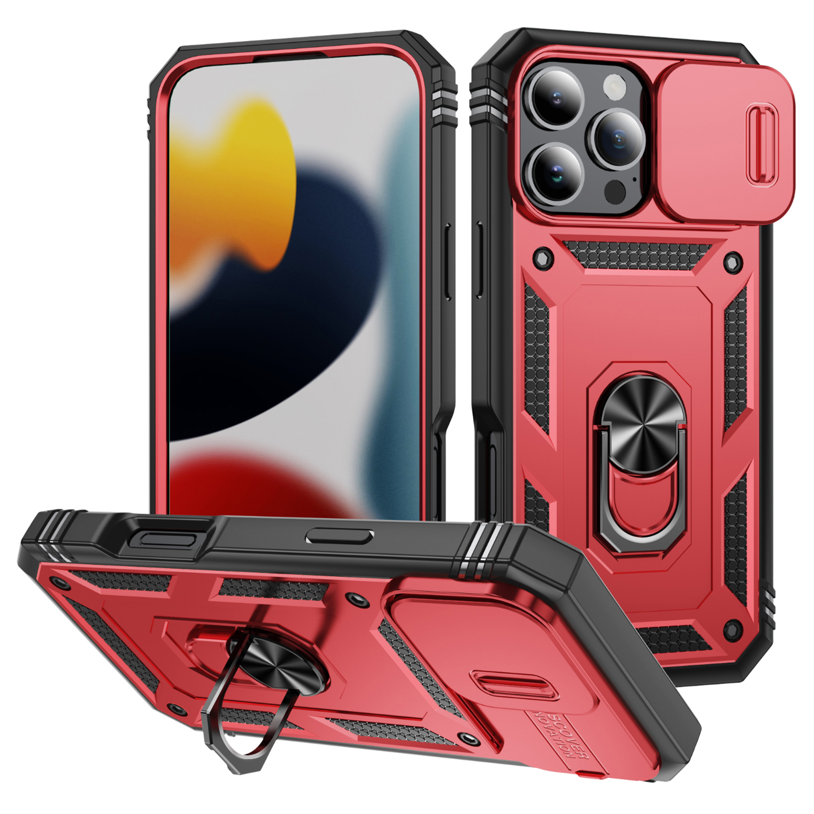 For iPhone 16 Pro Max Case Sliding Camera Cover Ring Kickstand PC+TPU Phone Shell - Red+Black