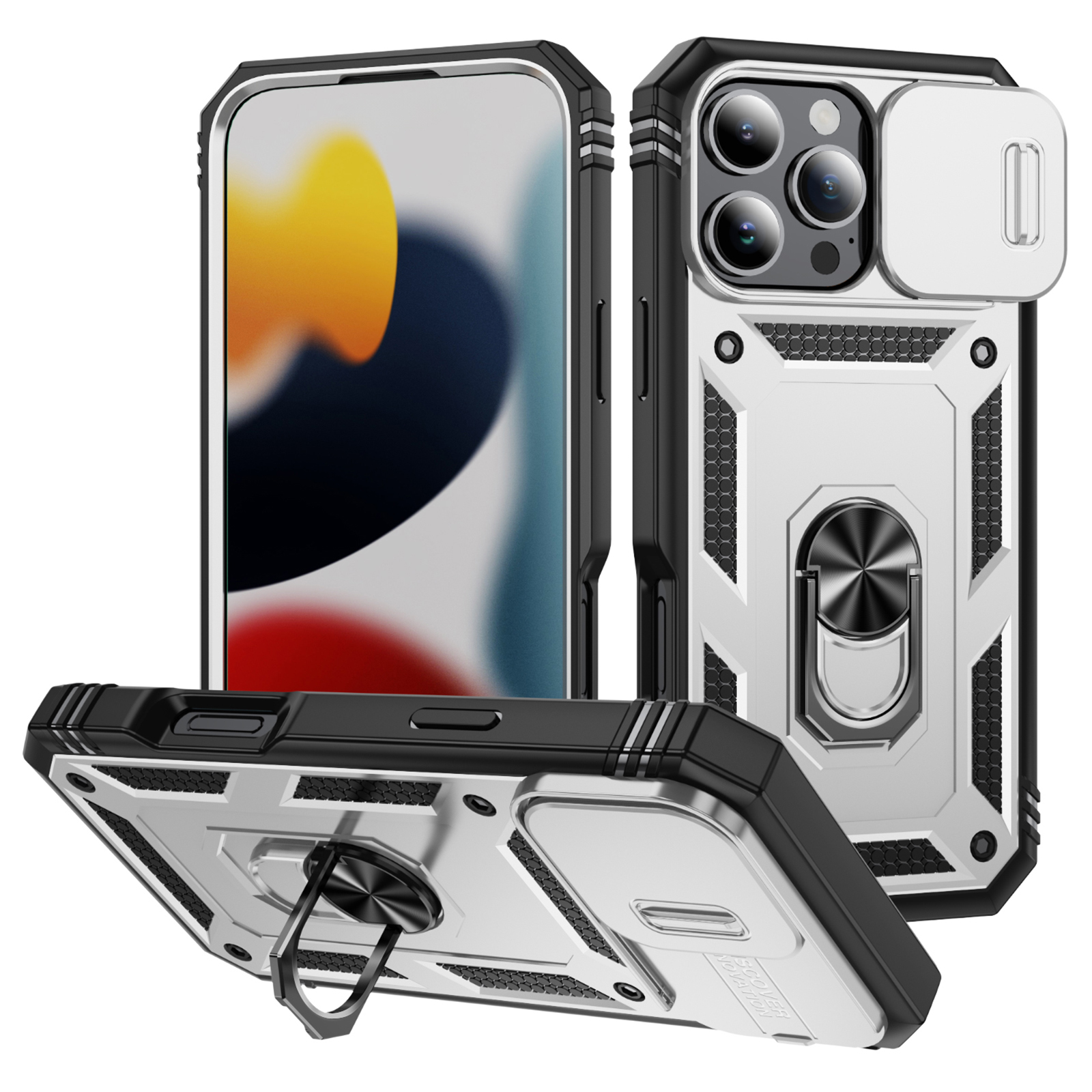 For iPhone 16 Pro Case Sliding Camera Cover Ring Kickstand PC+TPU Phone Shell - White+Black