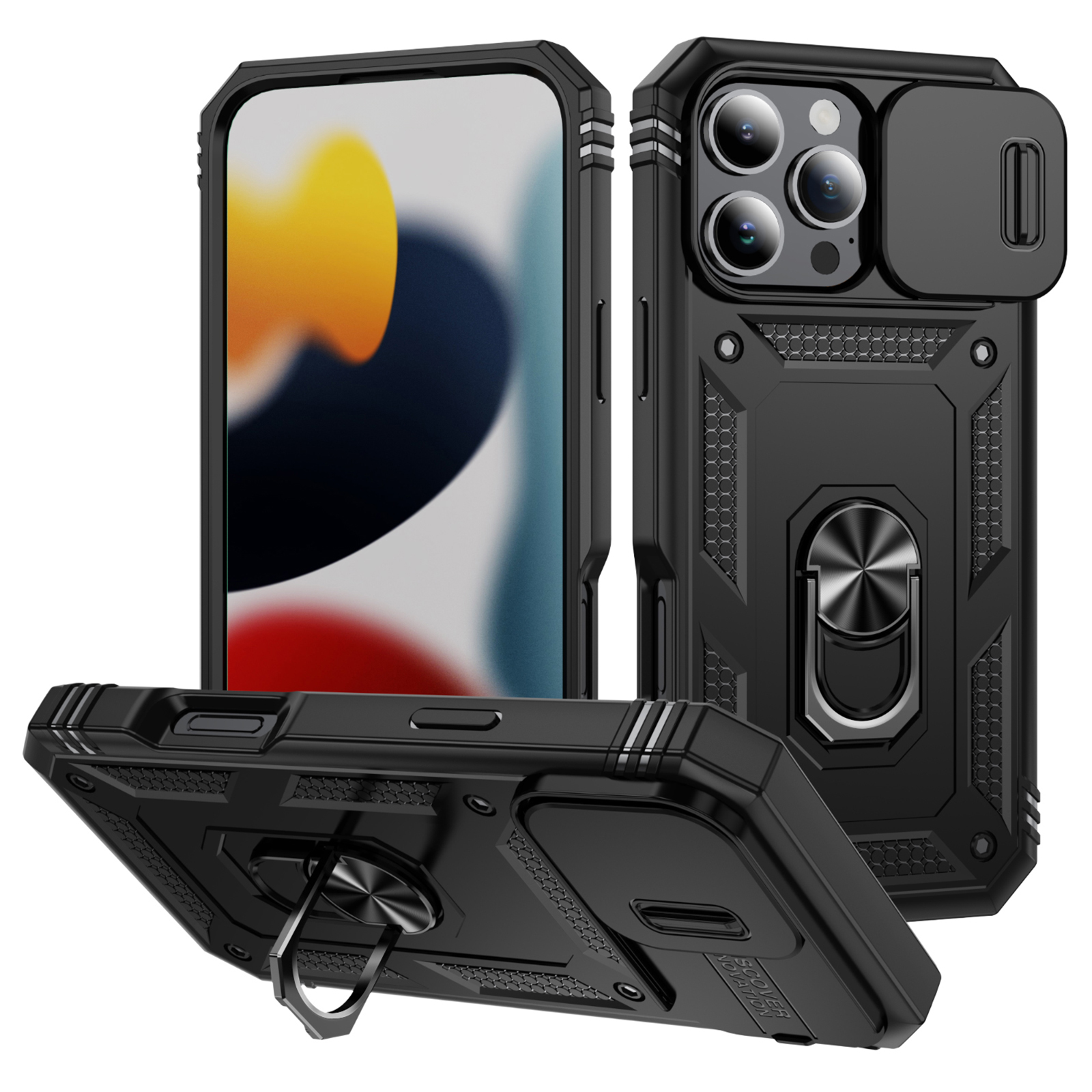 For iPhone 16 Pro Case Sliding Camera Cover Ring Kickstand PC+TPU Phone Shell - Black